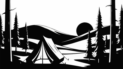 Silhouette of a camping tent in a forest setting.