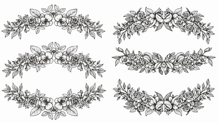 Elegant floral wreaths and borders with botanical elements and blooming flowers.