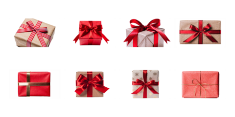 Collection of eight beautifully wrapped holiday gift boxes featuring red and brown ribbon accents on transparent background