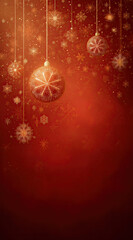 Glowing patterned baubles hang amid delicate snow crystals on rich crimson backdrop.