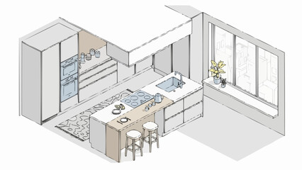 Modern Kitchen Island with Stools and Appliances.