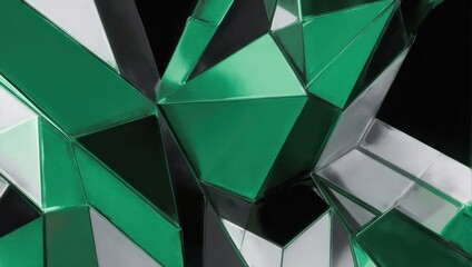 Abstract Green and Silver Geometric Shapes with Reflective Surfaces.