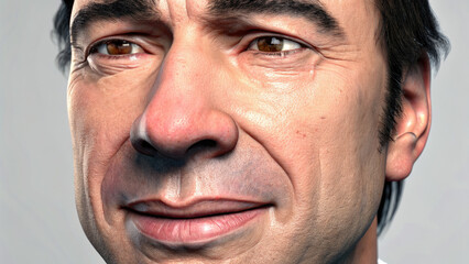 Obraz premium Smiling man hides pain behind joyful expression concept. Close-up portrait of a thoughtful man with a gentle expression.