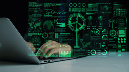 Close-up of hands working on a laptop with green energy data and infographics around, symbolizing advances in renewable energy and environmental technology trends. Cipher