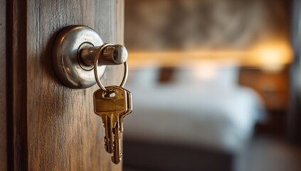 Keys in a hotel room door with a blurred background