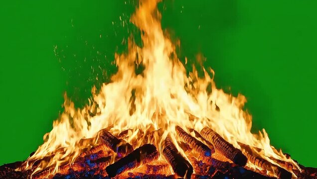 Vibrant fire burning with logs on green screen background