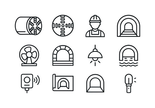 Tunnel Engineering Icons. Tunnel Engineering. Line icon set of T