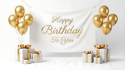 A festive golden gift box decorated with a red ribbon bow sits near a merry Christmas tree adorned with gold ball ornaments and winter snow for a holiday celebration