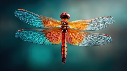 Extremely detailed macro depiction of a vibrant orange dragonfly with complex patterned teal and gray wings