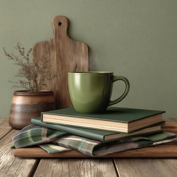 A close up of a still life composition featuring a green coffee mug on top of green books and a patterned cloth, with a wooden cutting board and a small ceramic pot in the background.