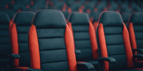 Obraz premium Dark perforated leather high backed seats accented with vibrant orange trim fill the empty auditorium