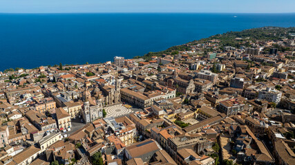 Aerial view of the historic center of Acireale, in the province of Catania, Sicily, Italy. The...