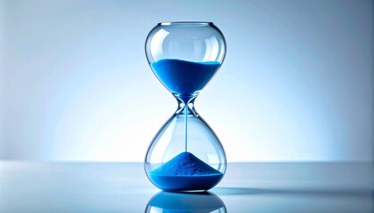 Glass Hourglass with Bright Blue Sand Flowing on a Clean Studio Background Representing Time Management and Deadlines