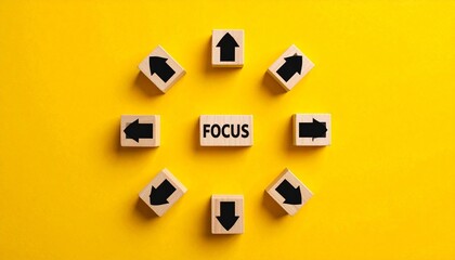 "FOCUS" Word on Wooden Block Surrounded by Inward Pointing Arrows on a Vibrant Yellow Background - Concentration and Priority Concept