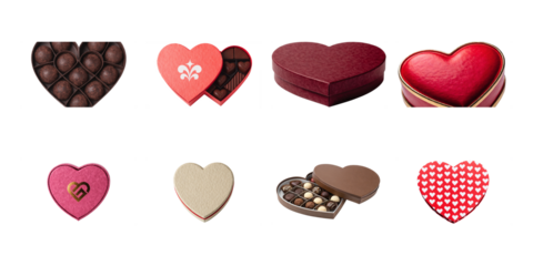 Collection of various heart shaped chocolate boxes and truffles presented for romantic gifting occasions on transparent background