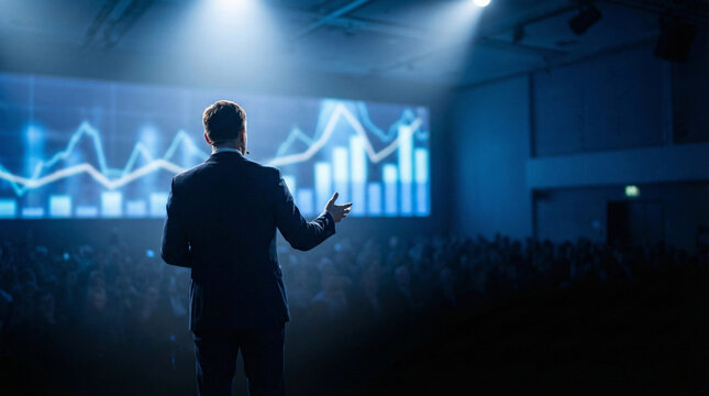 Rear view of speaker presenting data at business conference auditorium