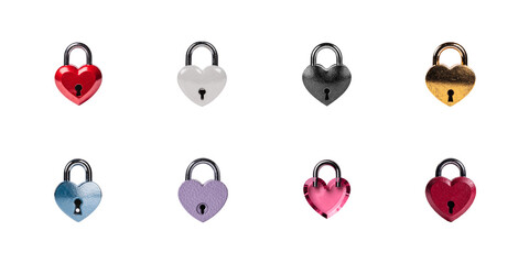 A vibrant collection of eight assorted heart shaped padlocks in various metallic and colorful finishes on transparent background