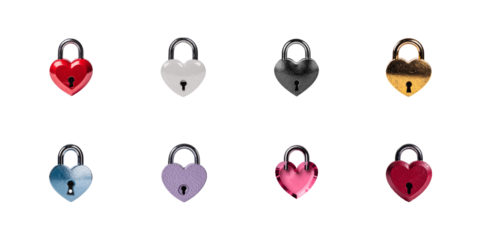 A vibrant collection of eight assorted heart shaped padlocks in various metallic and colorful finishes on transparent background