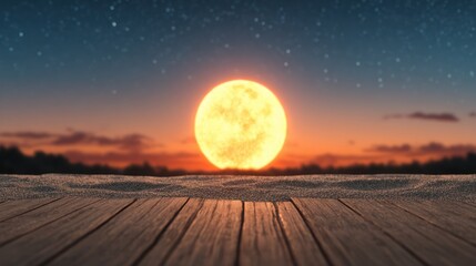 Glowing full moon illuminates the sandy beach and the dark wooden deck under a deep blue starry twilight
