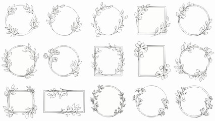 Collection of Hand Drawn Floral Wreaths and Frames for Design Projects.