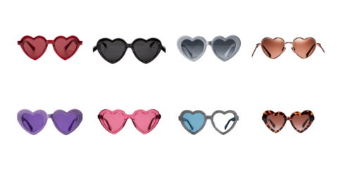 Collection of eight trendy heart shaped sunglasses in various vibrant colors and styles on transparent background