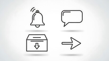 Set of four outline icons - notification bell, speech bubble, inbox with download arrow, and right arrow symbol.
