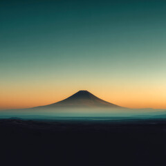 tranquil volcano silhouette stands against a soft gradient sky at dawn, with gentle mist and layered hills creating a peaceful and majestic atmosphere