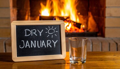 "Dry January" Handwritten on a Small Blackboard Next to an Empty Glass with a Warm Blazing Fireplace in the Background