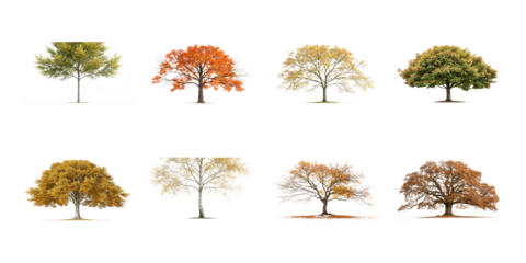 Collection of eight isolated deciduous trees displaying vibrant seasonal color changes like green yellow orange and brown on transparent background