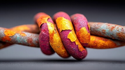 Extreme macro view of rusted metal chains showing vibrant magenta and gold peeling paint textures