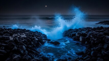Glowing Blue Waves Crashing on Rocky Shore at Night.