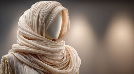 Close up of a beige sequined scarf artfully arranged on a headless mannequin, illuminated by gentle spotlights.