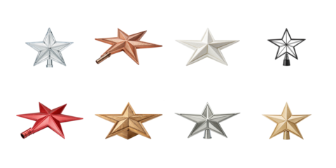 Collection of eight assorted star shaped ornaments and tree toppers in various metallic and wood finishes on transparent background