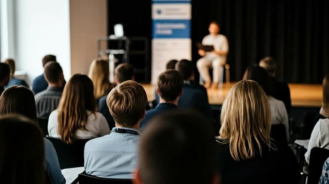 A diverse group of attendees engaged in a professional conference, focusing on ideas and networking for future collaborations.