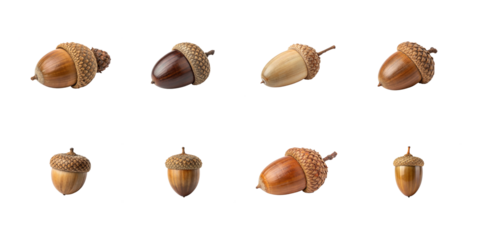Collection of eight assorted realistic edible oak tree acorns showing variations in color and cap texture on transparent background