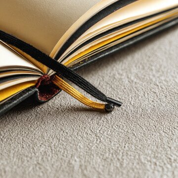 Close up of an open diary featuring gilded gold pages and a black ribbon bookmark. The textured neutral surface provides a sophisticated backdrop.