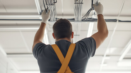 Electrician with gloves working on wiring installation. Man carefully manages the cables under the ceiling. Modern electrical maintenance and repair work indoors.