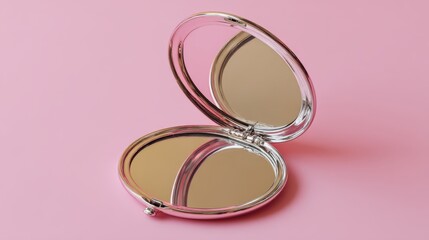 A metallic rose gold compact makeup mirror is shown open against a smooth pastel pink backdrop, reflecting soft light and creating a simple, elegant aesthetic.