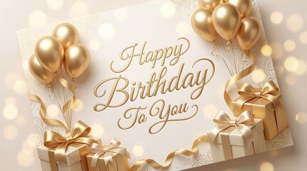 Happy birthday greeting card with elegant golden ribbon and festive decoration