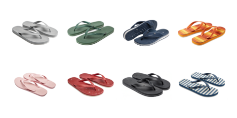 Collection of various colorful casual summer flip flops and beach sandals isolated on transparent background on transparent background