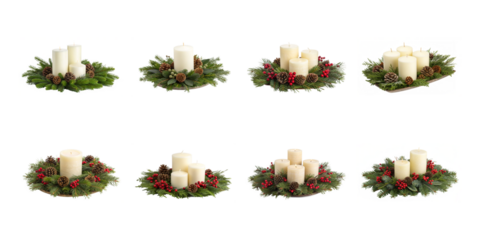Collection of various sizes of festive holiday centerpiece arrangements featuring cream pillar candles with pine greenery cones and red berries on transparent background