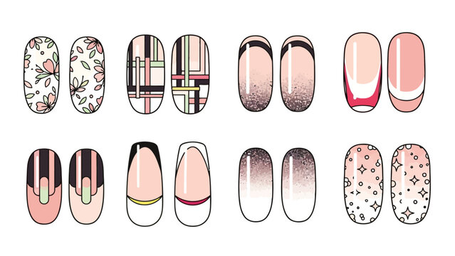 Set of sixteen illustrated nail art designs in pink black and neutral tones