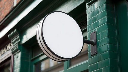Round white sign on green tiled building exterior with black metal bracket