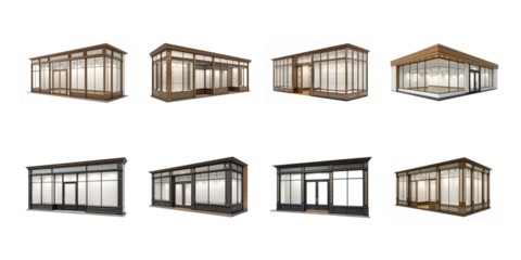 Collection of eight distinct empty storefront architectural models featuring classic and modern glass facade designs on transparent background