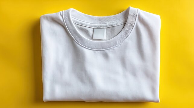 A white t shirt folded neatly lies on a bright yellow surface. The t shirt has a blank label at the neck and a textured fabric.