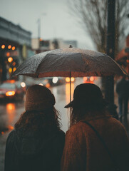 Two Women Under Umbrella in Rainy City Street, Back View