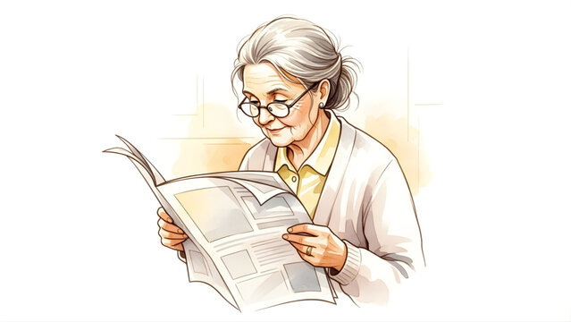 An elderly woman with glasses is reading a newspaper while wearing a sweater and blouse, illustrating a moment of quiet reflection or staying informed