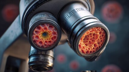 A close-up view through a microscope reveals the intricate structure of cells.