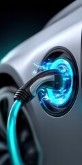 A close-up of an electric car charging, showcasing the power flowing from the charging station into the vehicle.