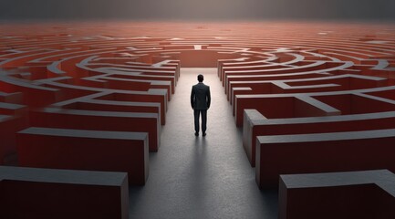 A businessman stands before a vast, circular maze, contemplating his path forward.